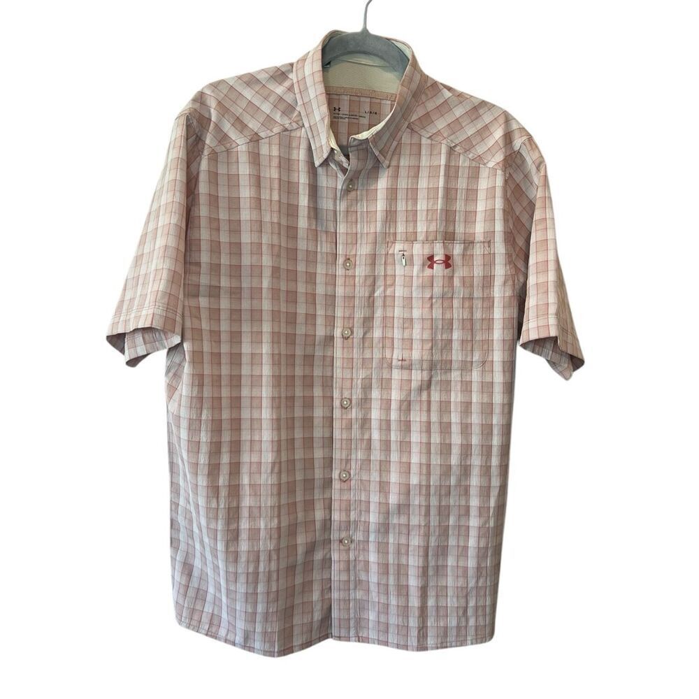 Under Armour Salmon Plaid Fishing Shirt Mens Size Large